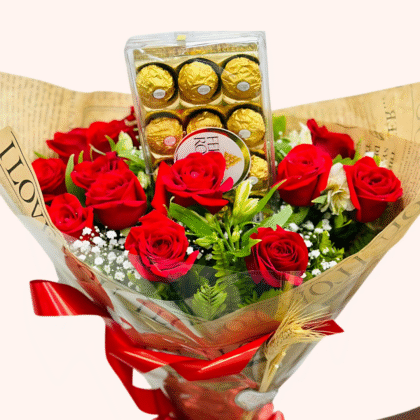 Buquê 12 Rosas Vermelhas + Ferrero 12 Unidades