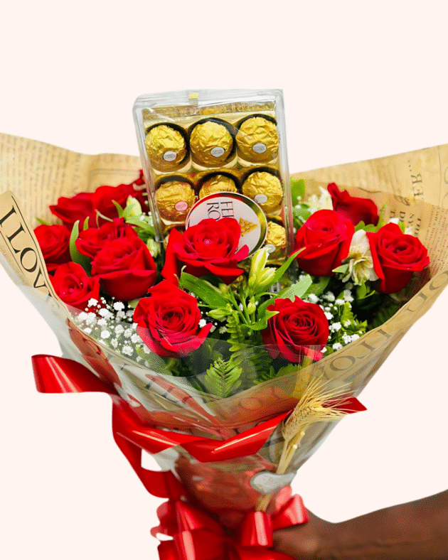 Buquê 12 Rosas Vermelhas + Ferrero 12 Unidades